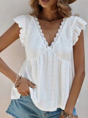 Boho white v neck ruffle babydoll blouse